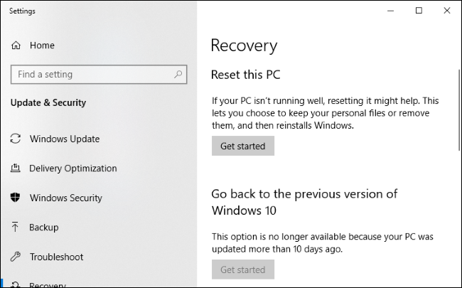 Menu de recuperação do Windows 10.