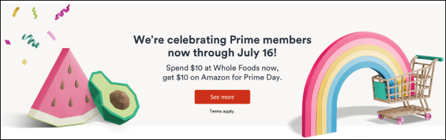 Banner de oferta de $ 10 do Whole Foods Prime Day