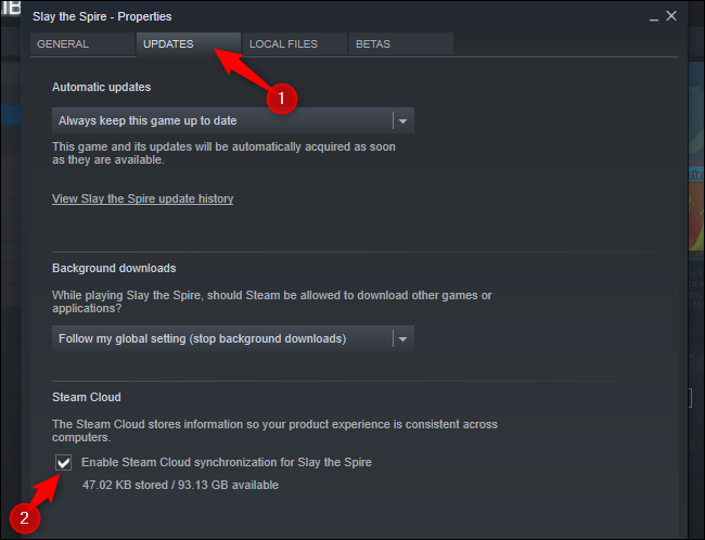 Clique na aba "Updates" e marque a opção "Enable Steam Cloud synchronization for".