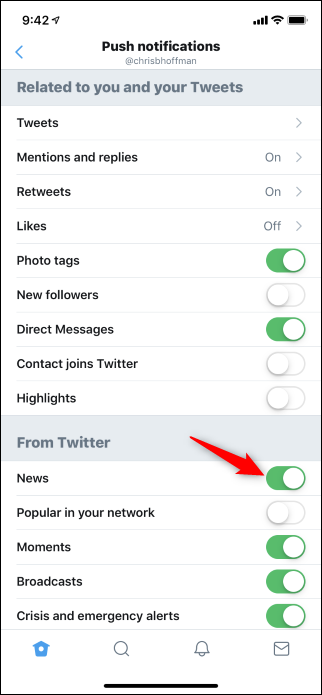 Opção para desativar notificações push do Twitter News for You no aplicativo para iPhone