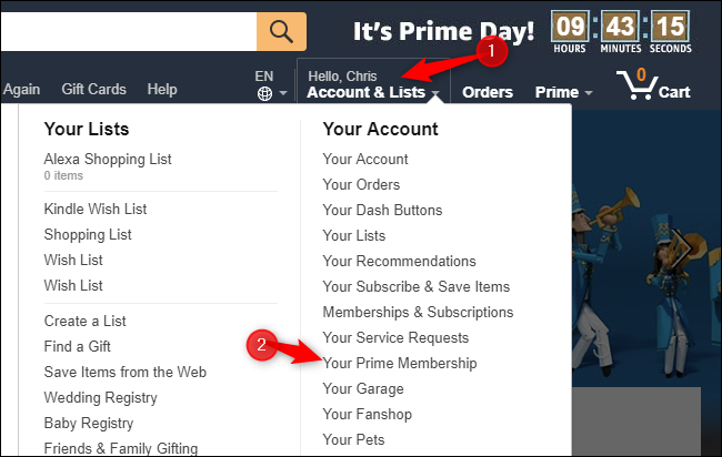 Opção para gerenciar a assinatura Prime na Amazon.com