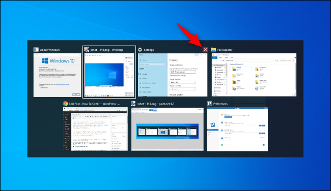 Clique no X vermelho para fechar uma janela no alternador Alt + Tab do Windows 10.