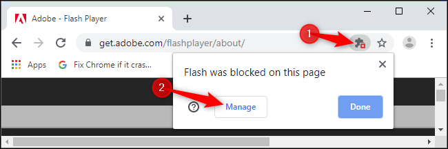 Clique no ícone do plugin bloqueado na omnibox do Chrome e clique em “Gerenciar”.