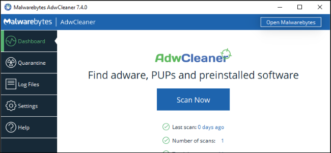 Interface do painel do Malwarebytes AdwCleaner