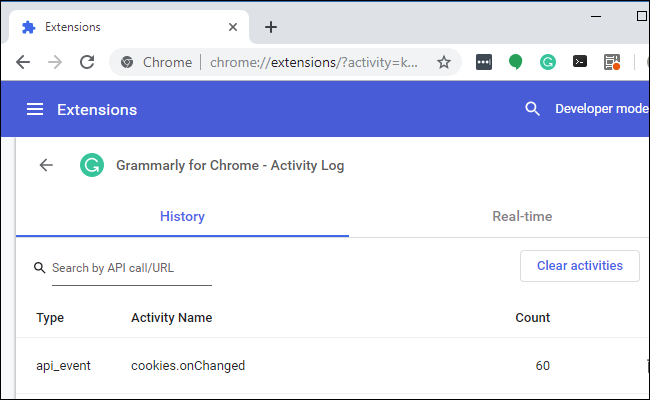 Guia do histórico de registro de atividades da extensão do Chrome