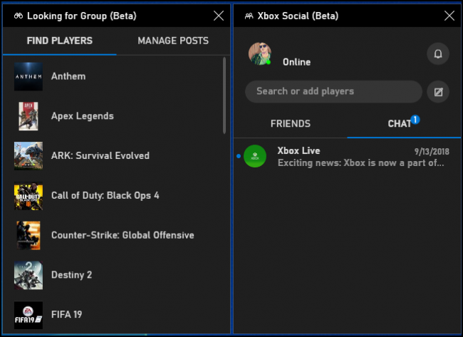 Procurando pelos painéis beta do Grupo e do Xbox Social na barra do jogo