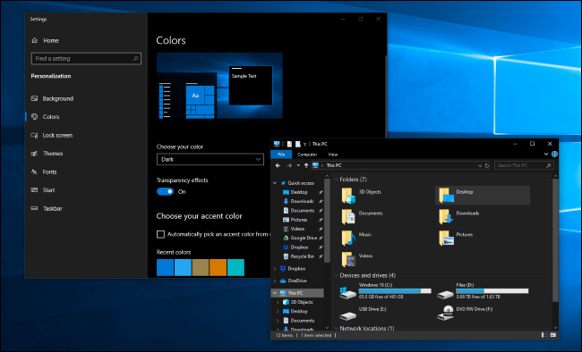 Modo escuro nos aplicativos Configurações e Explorador de Arquivos do Windows 10