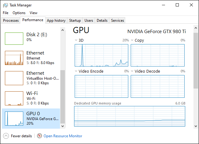 Estatísticas de uso da GPU no Gerenciador de Tarefas do Windows 10