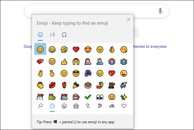 Painel de emoji no Google Chrome no Windows 10