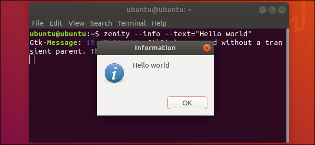 Uma janela de informações do Zenity iniciada a partir de um terminal Ubuntu.