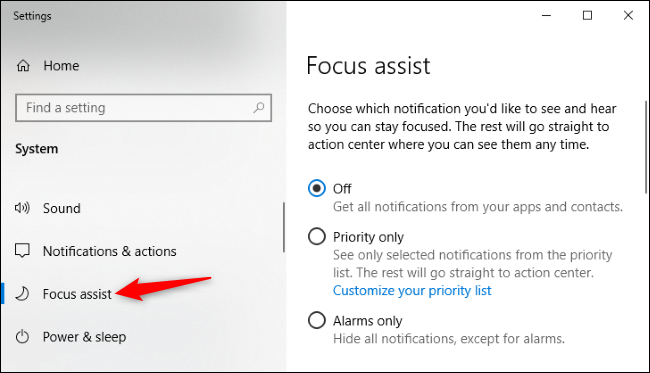 Opções de Focus Assist nas configurações do Windows 10