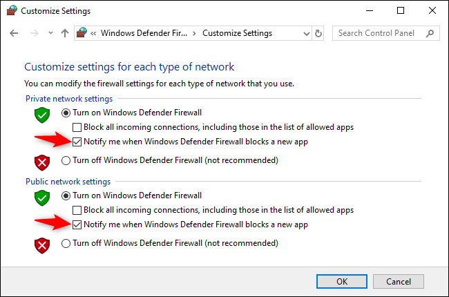 Desmarque a opção "Notifique-me quando o Firewall do Windows Defender bloquear um novo aplicativo" nas configurações de rede pública e privada.