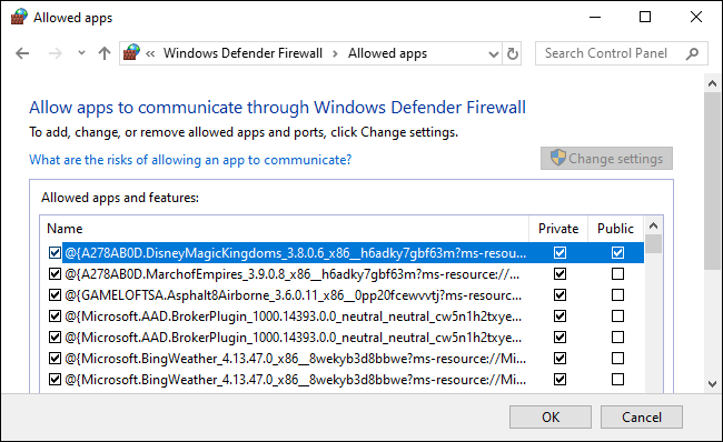 Uma lista de aplicativos permitidos do Firewall do Windows Defender.