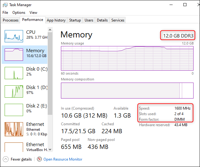 Quantidade e velocidade de RAM exibida no Gerenciador de Tarefas do Windows 10