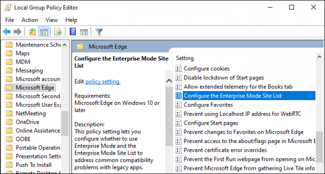 Configurando a lista de sites do modo Empresarial no Windows 10.