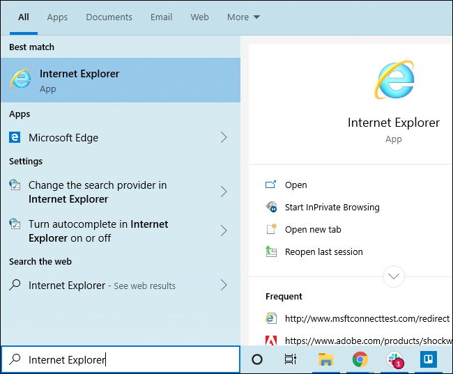 Iniciando o Internet Explorer no menu Iniciar do Windows 10.