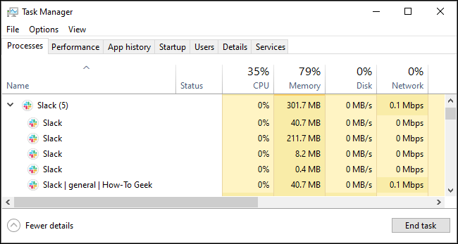 Uso lento da memória no Gerenciador de Tarefas do Windows.