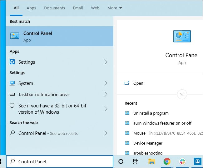 Iniciando o Painel de Controle a partir do menu Iniciar do Windows 10