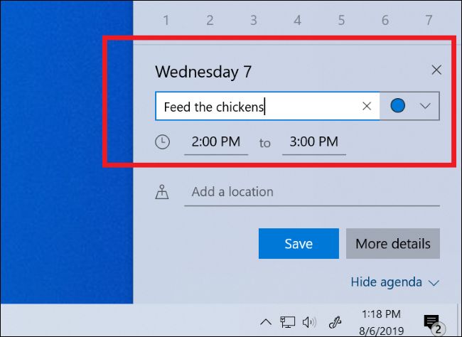 Adicionar um evento de calendário do painel de calendário da barra de tarefas do Windows 10