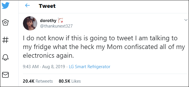 Tweet falso de um LG Smart Geladeira