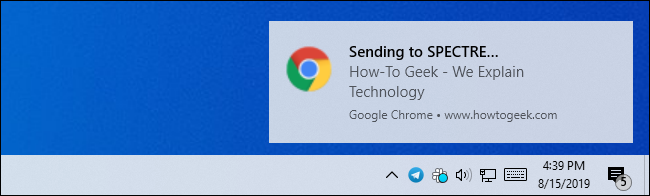Uma notificação da área de trabalho do Windows para enviar uma guia do Chrome para outro dispositivo