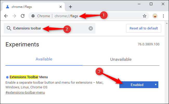 Ativando o novo menu da barra de ferramentas de extensões do Chrome na página de sinalizadores