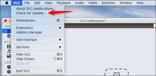 Verificando atualizações no VLC em um Mac