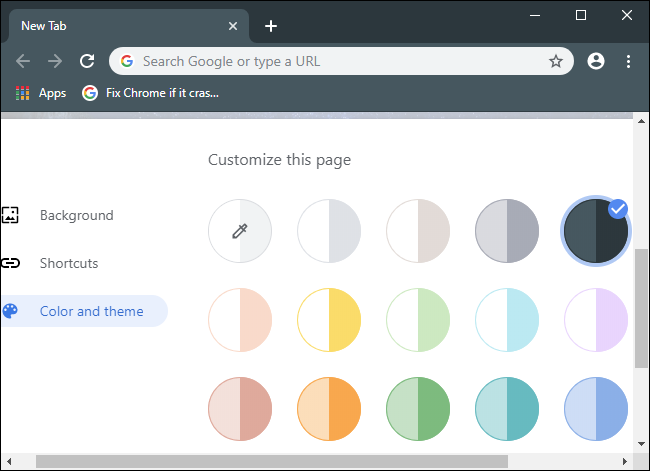 Escolha uma cor e um tema para o navegador Chrome.