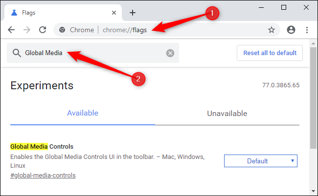 Ativando controles globais de mídia no Google Chrome.