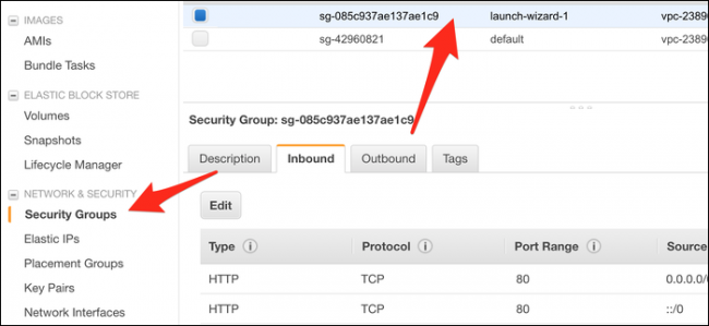 Clique na guia "Grupos de segurança" e selecione o grupo (provavelmente "Launch-Wizard-1") que sua instância está usando. 