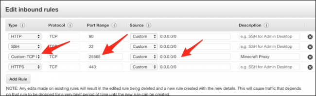 Adicione uma nova regra TCP personalizada e defina o intervalo de portas como 25565. A origem deve ser definida como 0.0.0.0/0 (ou "Anywhere"). 