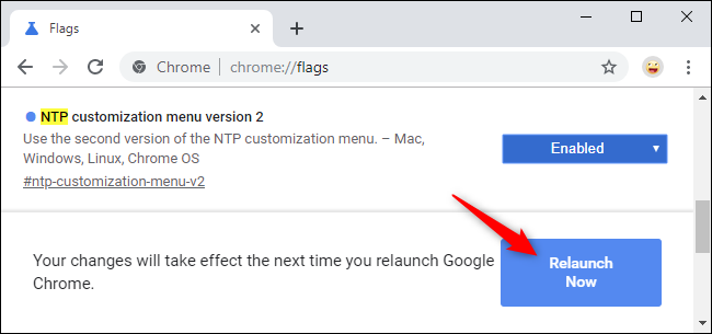 Reiniciando o Chrome após ativar o novo menu de personalização NTP.