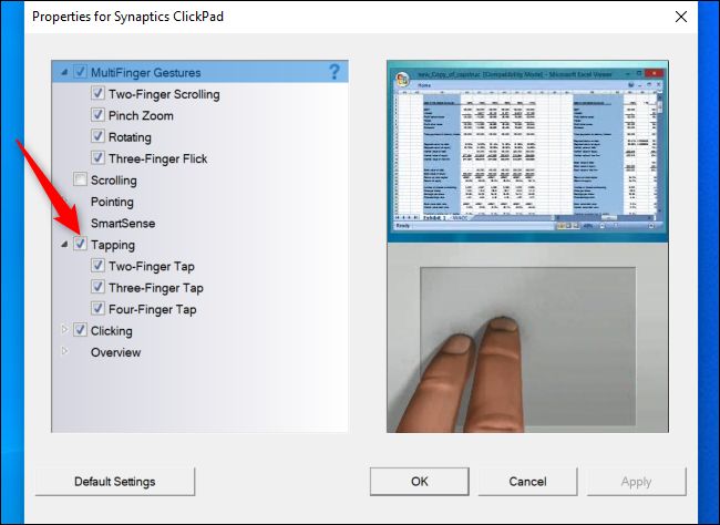 Desativando tocar para clicar na janela de configurações do touchpad Synaptics.