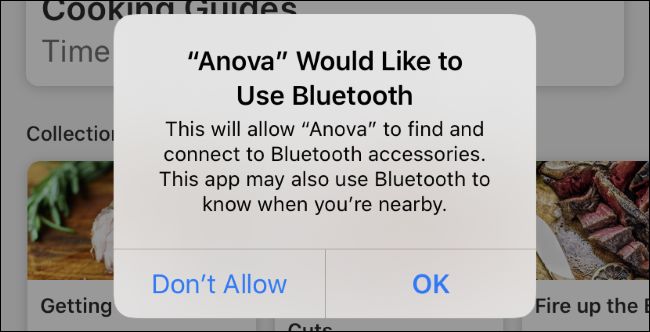 A mensagem de solicitação de permissão genérica do Bluetooth do aplicativo Anova no iOS 13.