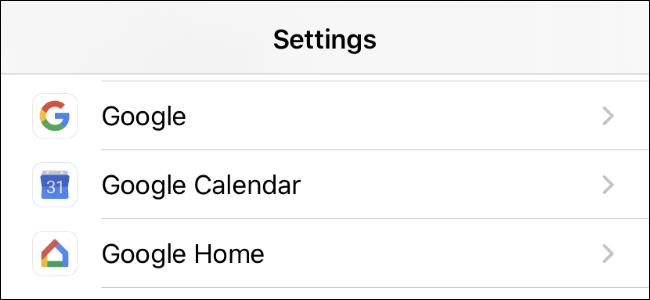 Aplicativos do Google na lista de aplicativos na tela de configurações do iPhone.