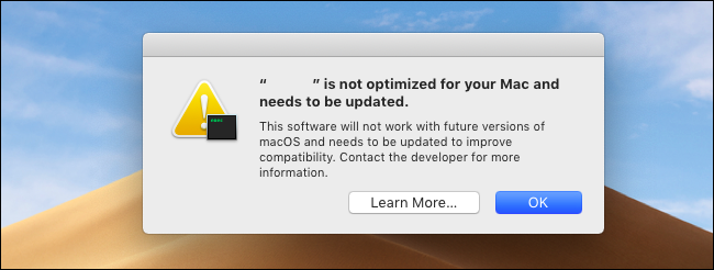 A mensagem de aviso do aplicativo de 32 bits no macOS Mojave.