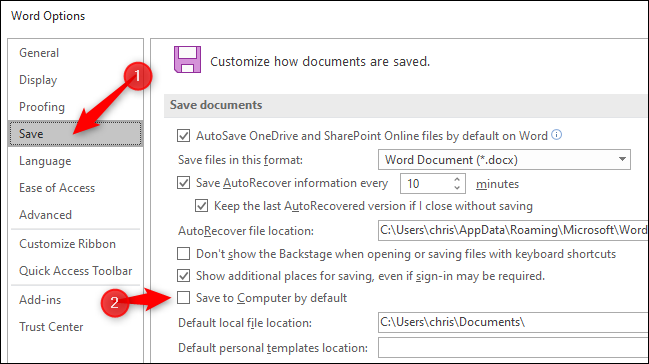 Salvar documentos no computador local por padrão no Microsoft Word.