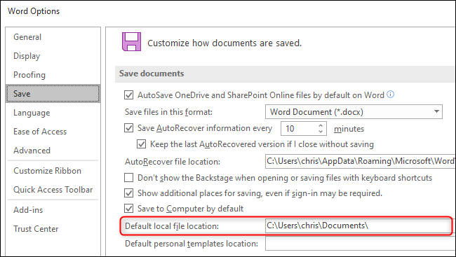 Escolha de uma pasta de salvamento padrão para documentos no Microsoft Word.