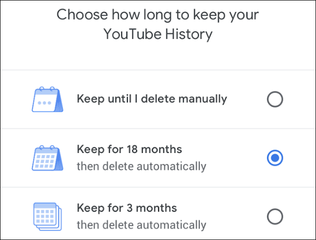 Controles de exclusão automática do histórico do YouTube.