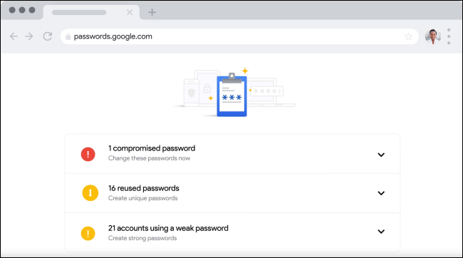 Verificação de senha no gerenciador de senhas do Google.