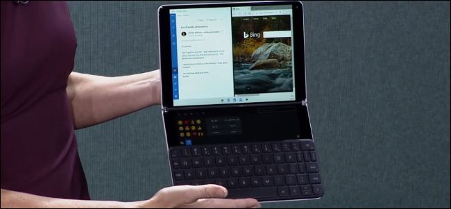 Dispositivo Surface Neo da Microsoft com seu teclado conectado e o Wunderbar visível.