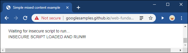 Uma mensagem não segura após desbloquear um script de conteúdo misto no Google Chrome.
