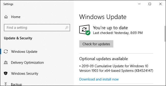 Windows Update mostrando uma atualização opcional.