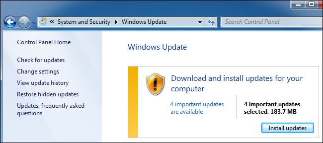 Windows Update no Painel de Controle do Windows 7.