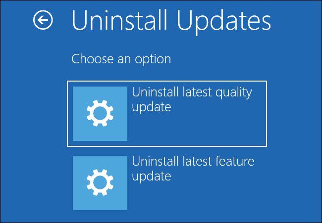 Desinstalar atualizações do menu de opções de inicialização avançadas do Windows 10.