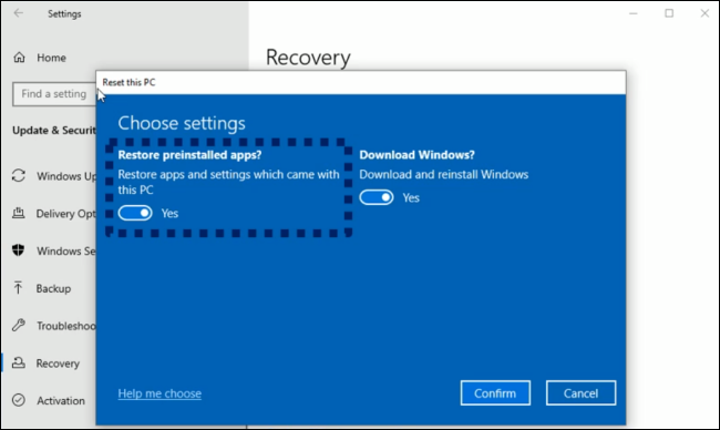 Removendo o bloatware pré-instalado do fabricante ao reiniciar um PC no Windows 10.