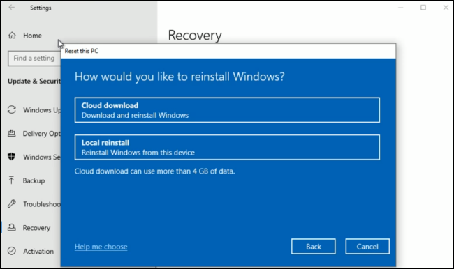 A opção de download na nuvem na interface Redefinir este PC do Windows 10.