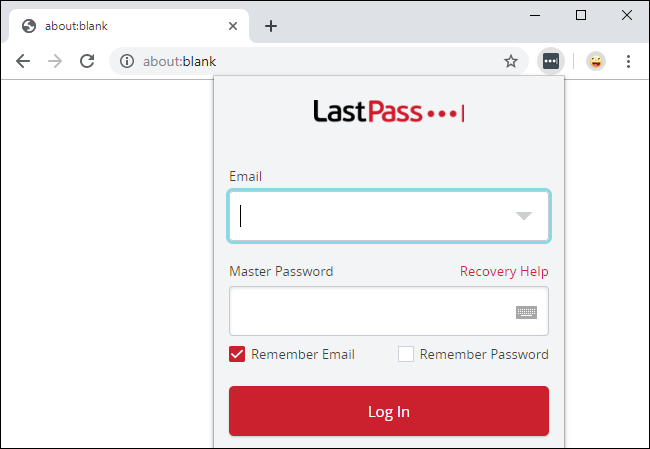 Fazendo login na extensão do navegador LastPass no Chrome.