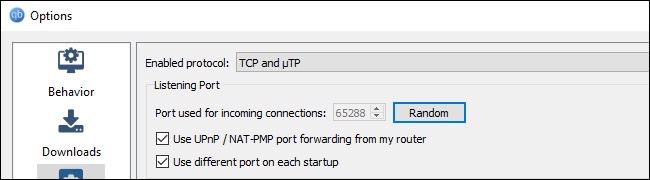 Opções de porta aleatória no cliente qBittorrent BitTorrent.