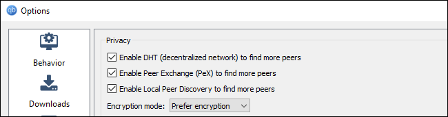 Rastreamento distribuído e opções de criptografia em qBittorrent.